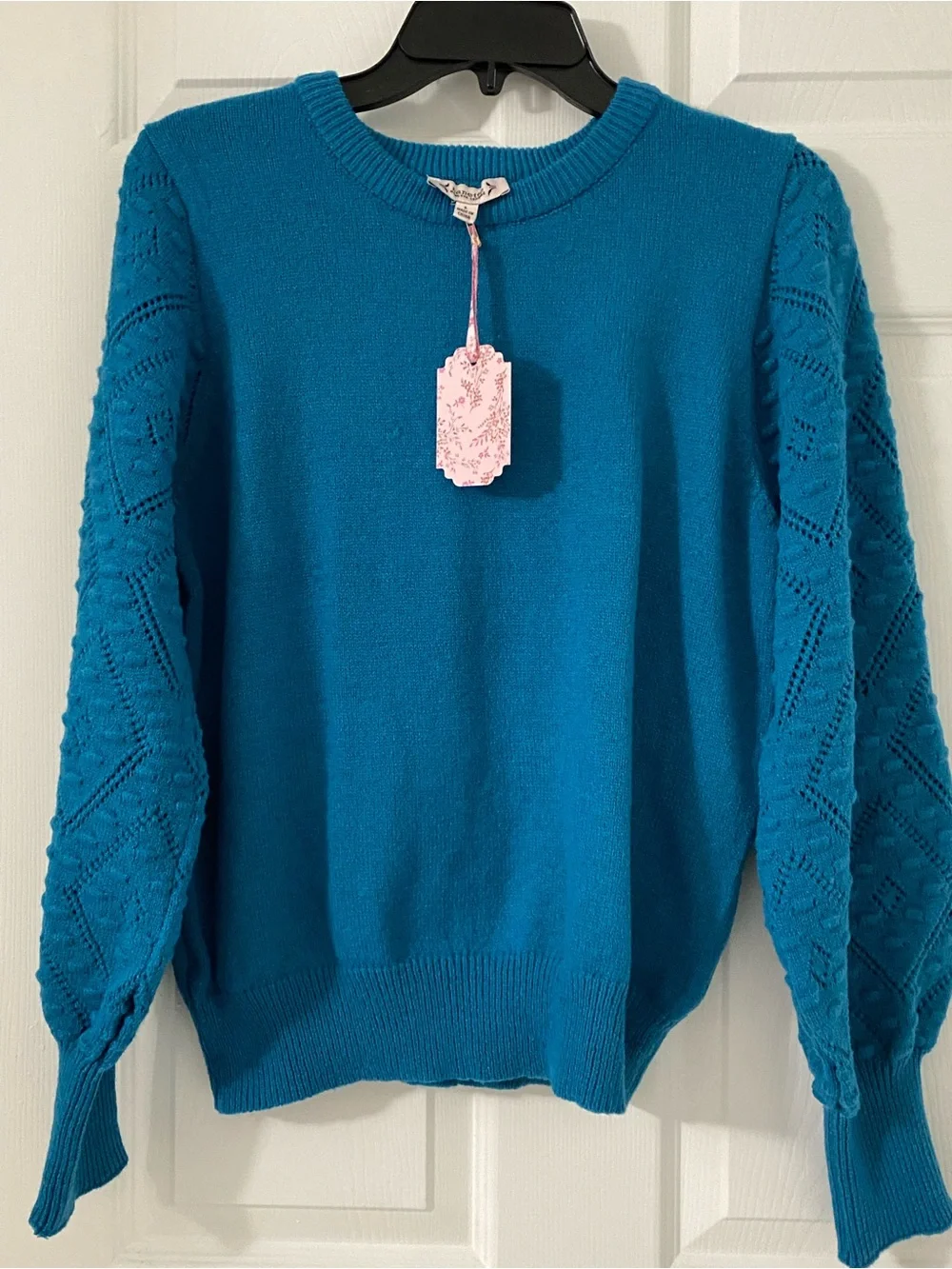 NWT Nanette Lepore Pointelle Balloon Sleeve Teal Green Crewneck Sweater Large